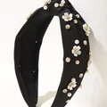 Cerchietto annodato nero con fiori 3D bianchi, perle e strass per le donne - Nero
