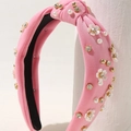 Diadema ancha rosa con nudo, flores blancas, perlas de imitación y pedrería - rosa intenso