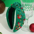 Green knitted Christmas headband with colorful rhinestones and festive enamel charms - Green