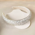 Diadema de satén blanco con lentejuelas plateadas y cuentas hechas a mano, estilo retro - Blanco (FG240527-7B)