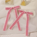 Pair of red and white checkered bow hair clips with long tassels and lace trim detail - Bowknot Streamer (LL0949-A) / Red