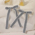 Pair of black and white checkered bow hair clips with lace edges and long ribbons - Bowknot Streamer (LL0949-B) / Black