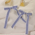 Navy blue gingham bow hair clips with delicate white lace trim and long ribbons - Bowknot Streamer (LL0949-C) / Navy Blue