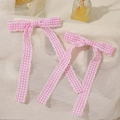 Pink and white gingham bow hair clip with lace trim and long flowing ribbons - Pink