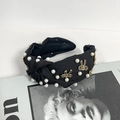 Elegante diadema ancha con nudo negra decorada con perlas y lazos dorados finos - Negro