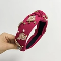 Cross knot fabric headband in rose red featuring white pearls and sparkling rhinestones - Rose Red