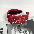 Diadema roja con nudos, perlas y lazos dorados, accesorio elegante de pelo para mujer - Rojo