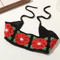 Top dos nu au crochet fait main avec motifs floraux en patchwork style bohème noir - Style Fleur Rouge Noire (YYKC24100041-A)