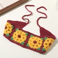 Bandeau à fleurs au crochet vintage avec motifs de tournesols jaunes et tricot creux - Style Fleur Jaune Rouge Vin (YYKC24100041-B)