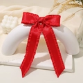 Elegant bright red satin bow hair clip with decorative ruffled edges for women - True Red (LH240315-7D)