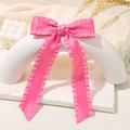 Hot pink satin bow hair clip with ruffled edges and long ribbons for women - Lh240315-7f