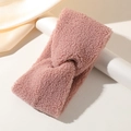 Plush cross headband in soft Morandi pink teddy fleece for winter warmth and styling - Pink