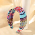 Bohemian multicolored geometric embroidery wide knot headband in a vibrant summer style - Purple Yellow Waves (D)