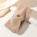 Cross knot wide plush headband in light khaki color made of soft warm teddy fleece - Khaki