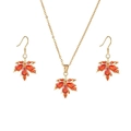 Golden maple leaf necklace and earring set with vibrant orange sparkling rhinestones - Maple Leaf Necklace And Earrings