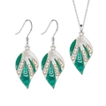 Vintage Silber Blattschmuck Set mit grünem Emaille und Diamanten, Kette und Ohrringe - Grünes Blatt Halskette Und Ohrringe Set