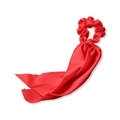 Vibrant red silk satin hair scrunchie with long ribbons for elegant ponytail styling - Red