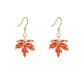 Close-up of maple leaf drop earrings with orange and red rhinestones in gold finish - Maple Leaf Earrings