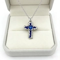 Silver cross necklace with blue heart gemstone and enamel inlay in a jewelry box - Necklace / Blue Necklace