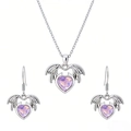 Parure collier et boucles d'oreilles ailes de chauve-souris avec cristal violet cœur - Parure Collier Et Boucles d'Oreilles Rose