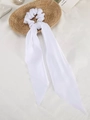Elegant white satin scrunchie with long ribbons and smooth silk finish for ponytails - White