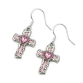Cross drop earrings with pink enamel and heart-shaped crystal in silver-plated finish - Earrings / Pink Earrings