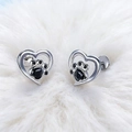 Minimalist silver heart earrings with black pet paw print studs for dog lovers - Hollow Heart Black Paw / Black