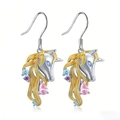Unicorn drop earrings with gold mane and colorful zircon stones on silver base - Earrings