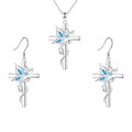 Silver butterfly cross jewelry set with light blue stones necklace and earrings - Necklace + Earrings