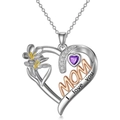 Detail of silver heart MOM necklace with purple stone and I love you engraving - Silver