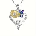 Collier cœur argenté avec tournesol doré, papillon coloré et pierre de zircone - Collier