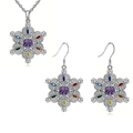 Exquisites Silber-Schneeflocken-Schmuckset mit bunten Edelsteinen und lila Hauptstein - Halskette + Ohrringe