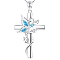 Silver cross necklace for women featuring abstract butterfly motifs and blue crystals - Necklace
