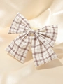 Brown and beige plaid bow hair clip with a delicate 3D white flower detail - Beige Plaid Bow Hair Clip