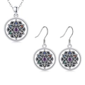 Vintage mandala jewelry set with purple gemstone and colorful stones on silver chain - Necklace and Earrings Set
