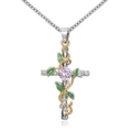 Collier croix avec vignes dorées feuilles vertes et gemme rose sur chaîne argent - Or blanc