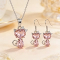 Pink heart crystal cat jewelry set featuring pendant necklace and earrings in silver finish - Necklace + Earrings / Pink