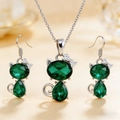 Silver cat jewelry set with heart-shaped green crystal necklace and matching earrings - Necklace + Earrings / Green