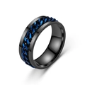Detail of black titanium steel ring featuring a rotatable blue chain inlay design - US 6 / Black Base/Blue Chain