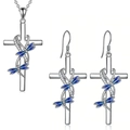 Conjunto de cruz en plata pulida con colgantes de libélula en esmalte azul y circonitas - Joyería de Collar Y Pendientes