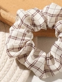 Classic cream and brown checkered hair scrunchie with soft textured woven fabric - Beige Plaid Scrunchie