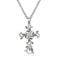 Silver flower cross necklace featuring green vine leaves and a sparkling center zircon - Necklace / Silver