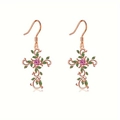 Rose gold cross earrings with green enamel leaves and pink zircon accents - Earrings / Rose Gold