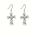 Green vine cross earrings with center zircon and silver finish on white background - Earrings / Silver