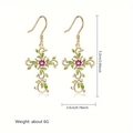 Gold-plated vine cross earrings with green leaf enamel and a pink round gemstone - Earrings / Gold