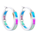 Close-up of silver hoop earrings featuring rectangular inlaid colorful opal gemstones - Colorful
