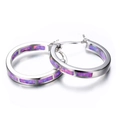 Classic silver round hoop earrings featuring purple lab-grown opal stone inlays - Purple