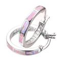 Detail shot of silver hoop earrings featuring pink opal inlay with snap-post closure - Pink with Rhinestones