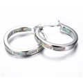 Silver round hoop earrings set with colorful rectangular opal stones on white background - White