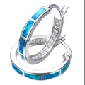 Blue opal round hoop earrings with sparkling zircon accents in silver-tone metal - Blue (With Zirconia)